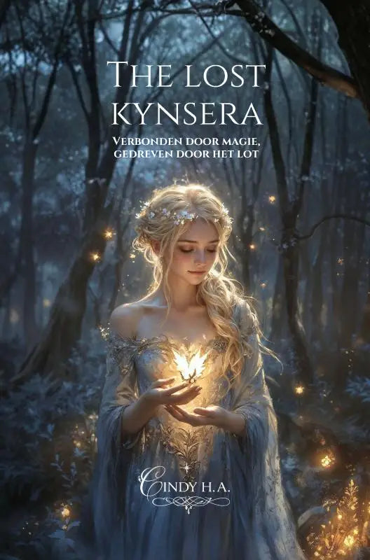 Een vrouw in een lichtblauwe jurk met zilveren borduursels houdt een gouden vlinder vast in the lost kynsera