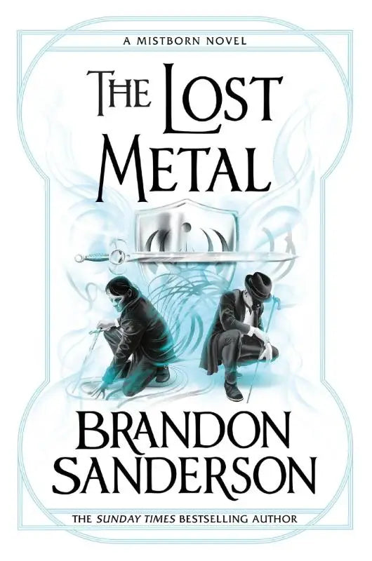 The lost metal mistborn novel book cover with stylized figures in dark suits amid swirling blue and white mist patterns