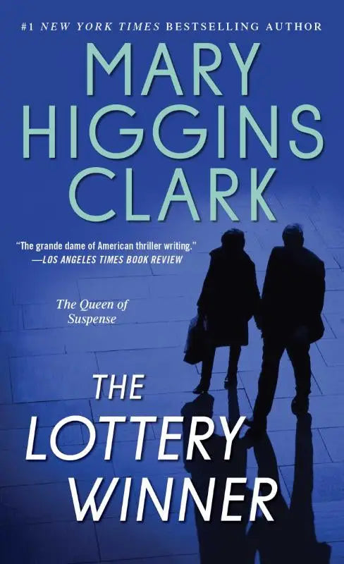Blauw boek met de titel the lottery winner van mary higgins clark en silhouetten van twee personen lopend op tegelvloer in alvirah and willy product