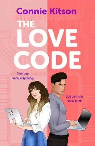 The love code by connie kitson a vibrant pink book cover featuring two characters with laptops in a stem workplace romance