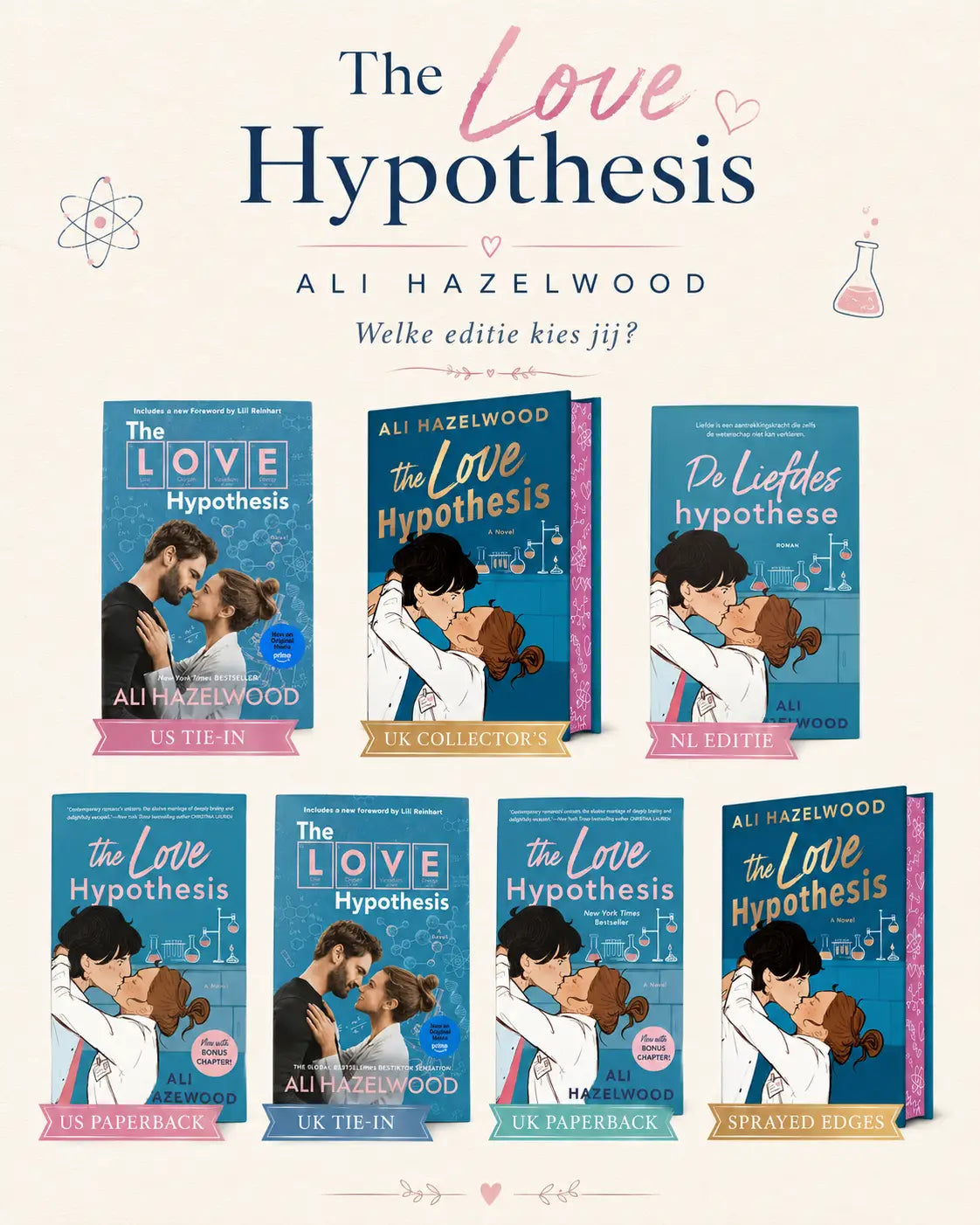 De love hypothesis van ali hazelwood met exclusieve movie art en blauwe cover met omarmende karakters in labjassen
