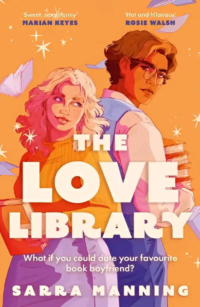 The love library boekcover met een levendige oranje achtergrond toont de sizzling feel-good romantic comedy titel en auteur namen