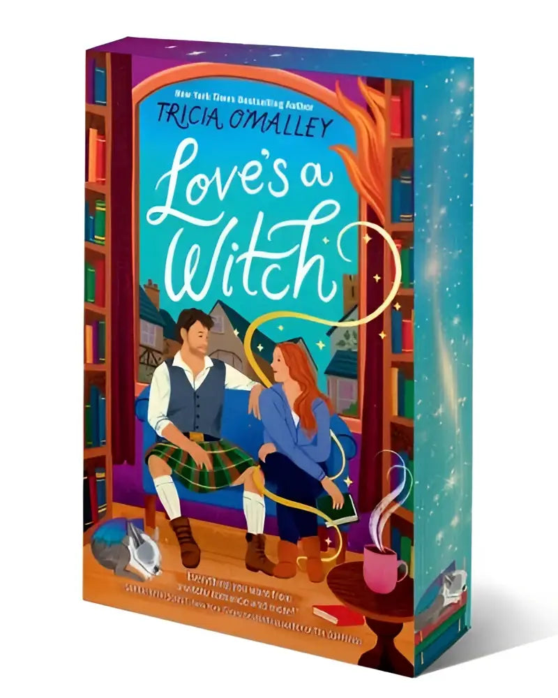 The book loves a witch by tricia omalley features an illustrated cozy fantasy romance cover with two characters