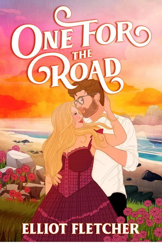Romantische geïllustreerde boekcover van the macabe brothers one for the road met koppel in omhelzing bij zonsondergang