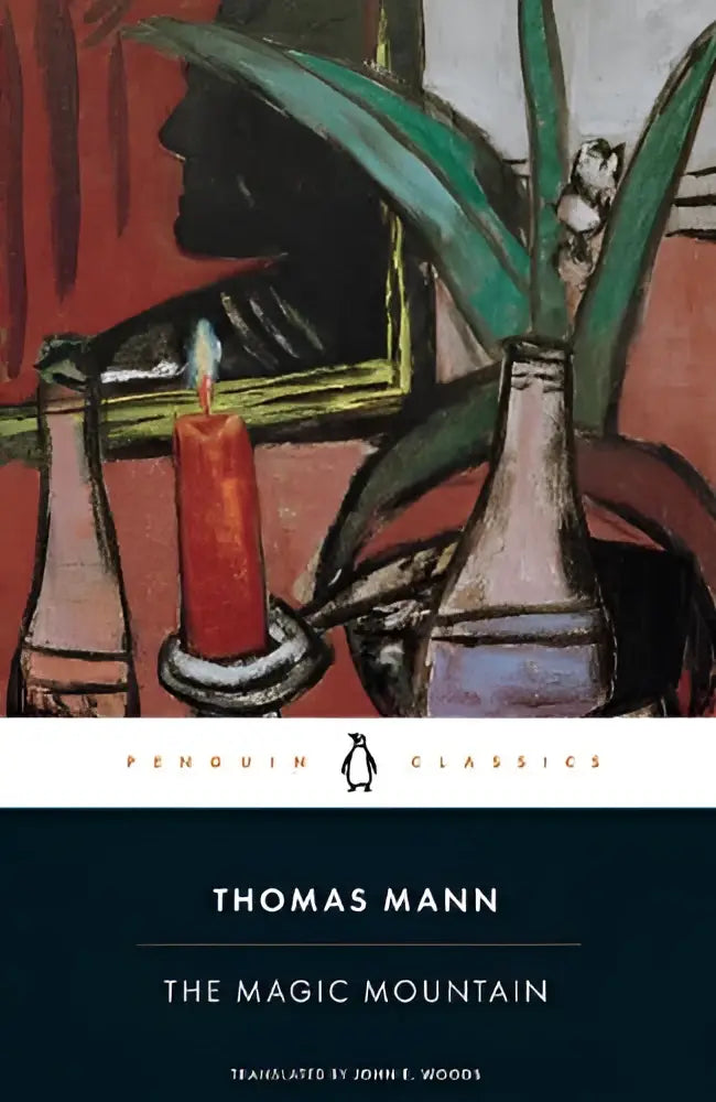 The magic mountain penguin classics paperback with illustrated cover featuring red candle and green plants in glass vases