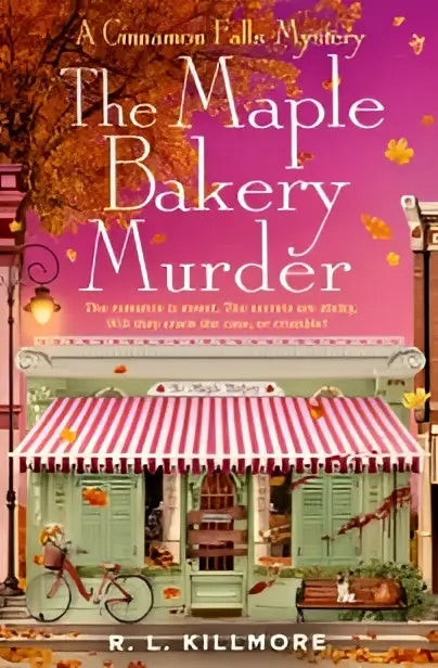 De maple bakery murder boekomslag toont een charmante bakkerij met rood-wit gestreept luifel en herfsttinten