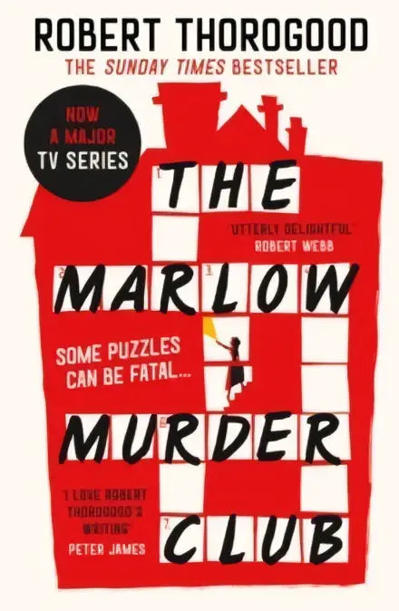 De marlow murder club boek van robert thorogood met rode omslag, zwarte tekst en wit geruit patroon
