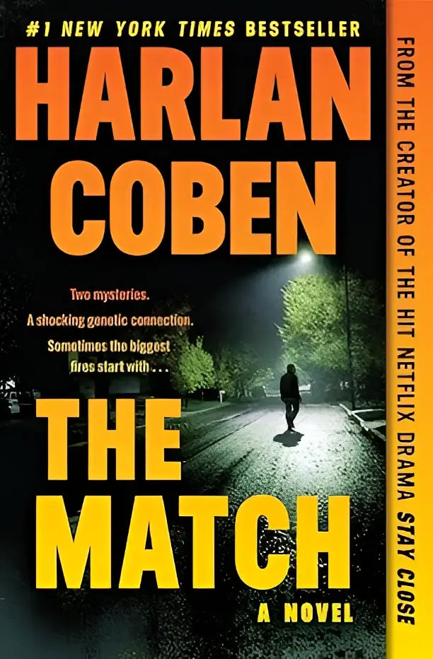 The match harde kaft roman van harlan coben met gedurfde oranje en gele letters en een eenzame figuur onder straatlicht