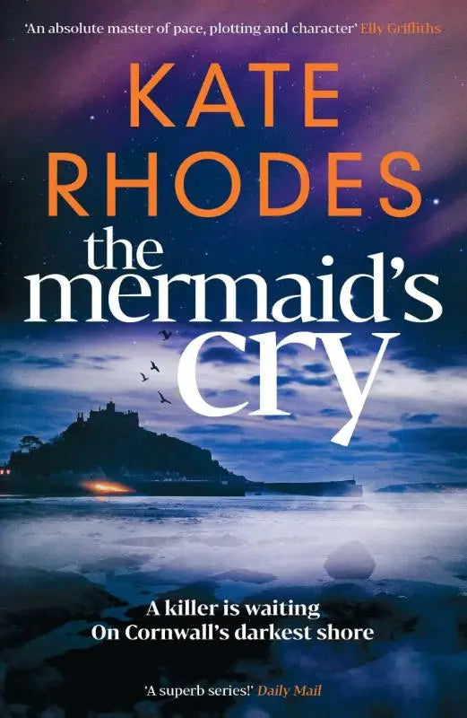 The mermaid’s cry boekcover toont een donkerblauwe en paarse nachtelijke kustklif met silhouetten van vogels in vlucht