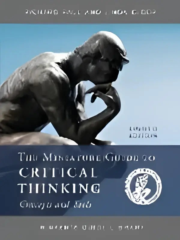 The miniature guide to critical thinking concepts and tools features a dark bronze thinker statue on blue background