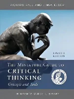 The miniature guide to critical thinking concepts and tools features a dark bronze statue on a muted blue book cover