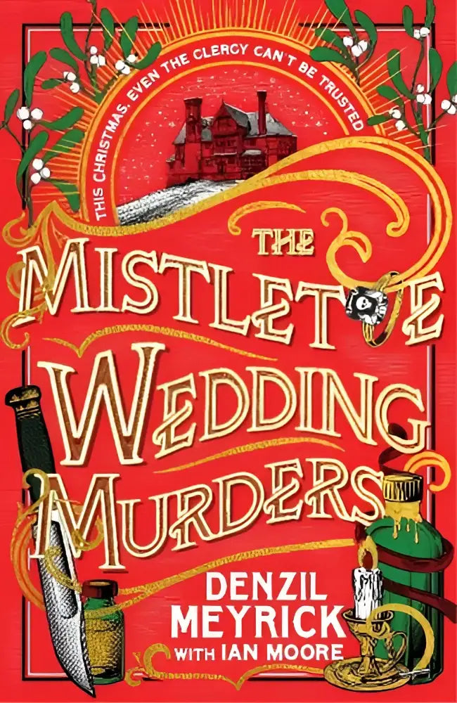 De mistletoe wedding murders boek heeft een felrode omslag met gouden letters en feestelijke mistletoe-illustraties