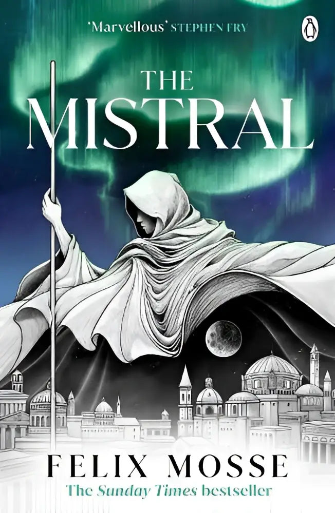 Hardcover boek the mistral van felix mosse met geïllustreerde omslag van een gehulde figuur en aurora’s, uitgegeven door michael joseph
