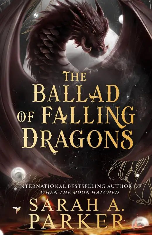 Boekcover van the moonfall series the ballad of falling dragons met een donkere, geschaalde draak en sterrenhemel