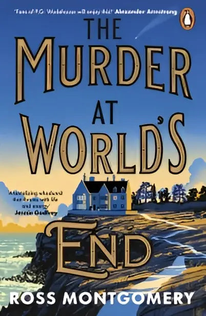 The murder at world’s end boekcover toont een gestileerde illustratie van een kustdorp met blauwe en witte gebouwen