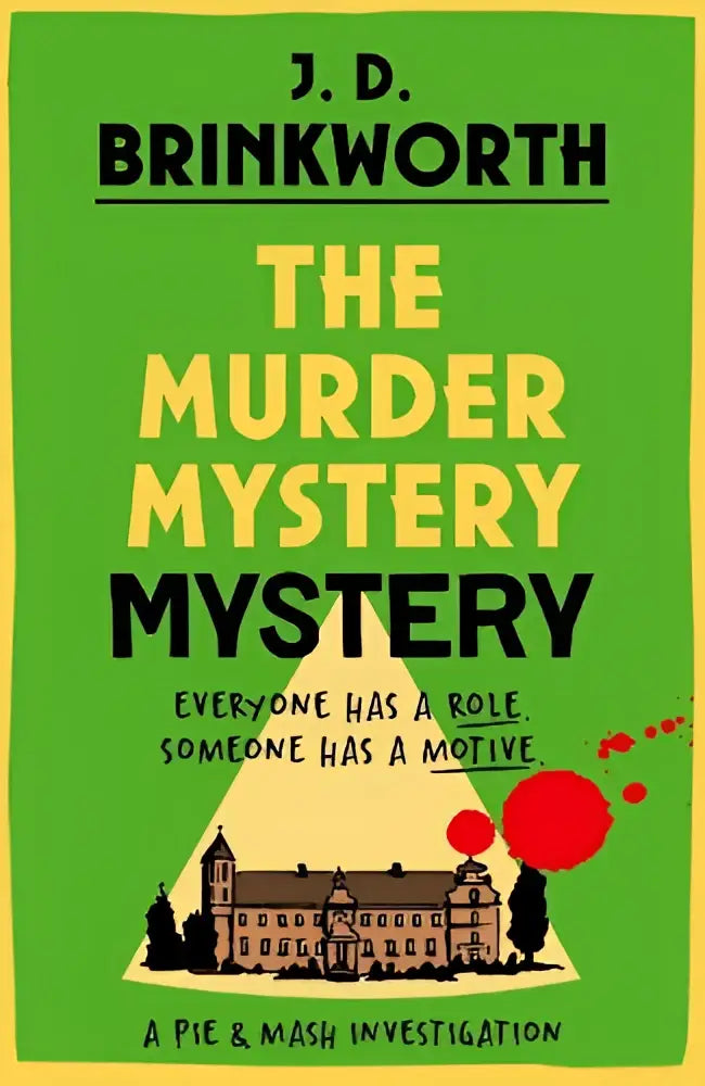 Groen boekomslag met gele en zwarte tekst en een illustratie van een gebouw onder een driehoek voor the murder mystery mystery