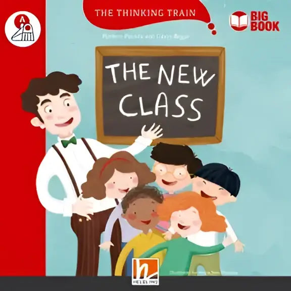 Grote boek De nieuwe klas met cartoonleraar en lachende kinderen bij schoolbord