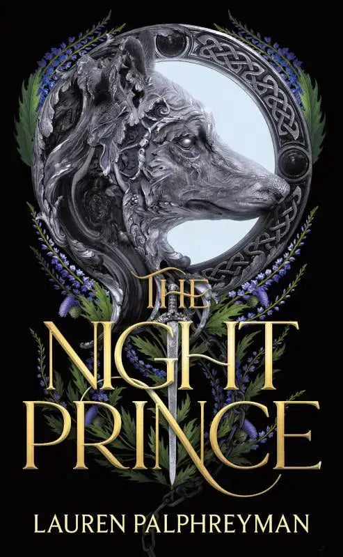 The night prince boekomslag toont een zilveren wolf hoofd met celtic knoopwerk tegen zwarte achtergrond voor de wolf king