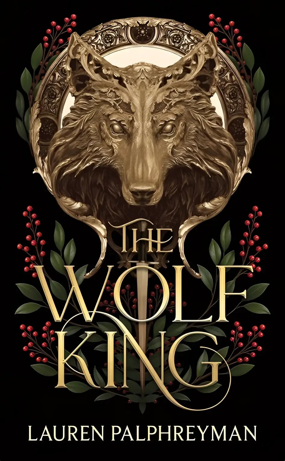 The wolf king boekomslag met een goudkleurige wolvenkop en rode bessentakken in een sierlijk ontwerp, the night prince
