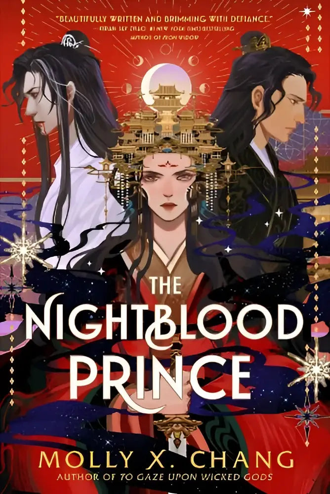 De cover van the nightblood prince toont een centraal figuur met lange donkere haren en gezichtsmarkeringen op een rode achtergrond met gouden architectuur voor een sensationele nieuwe enemies-to-lovers YA romantasy