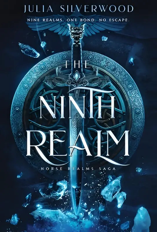 De cover van het boek the ninth realm toont een gloeiend blauw zwaard met zilveren details tegen een ijzige achtergrond