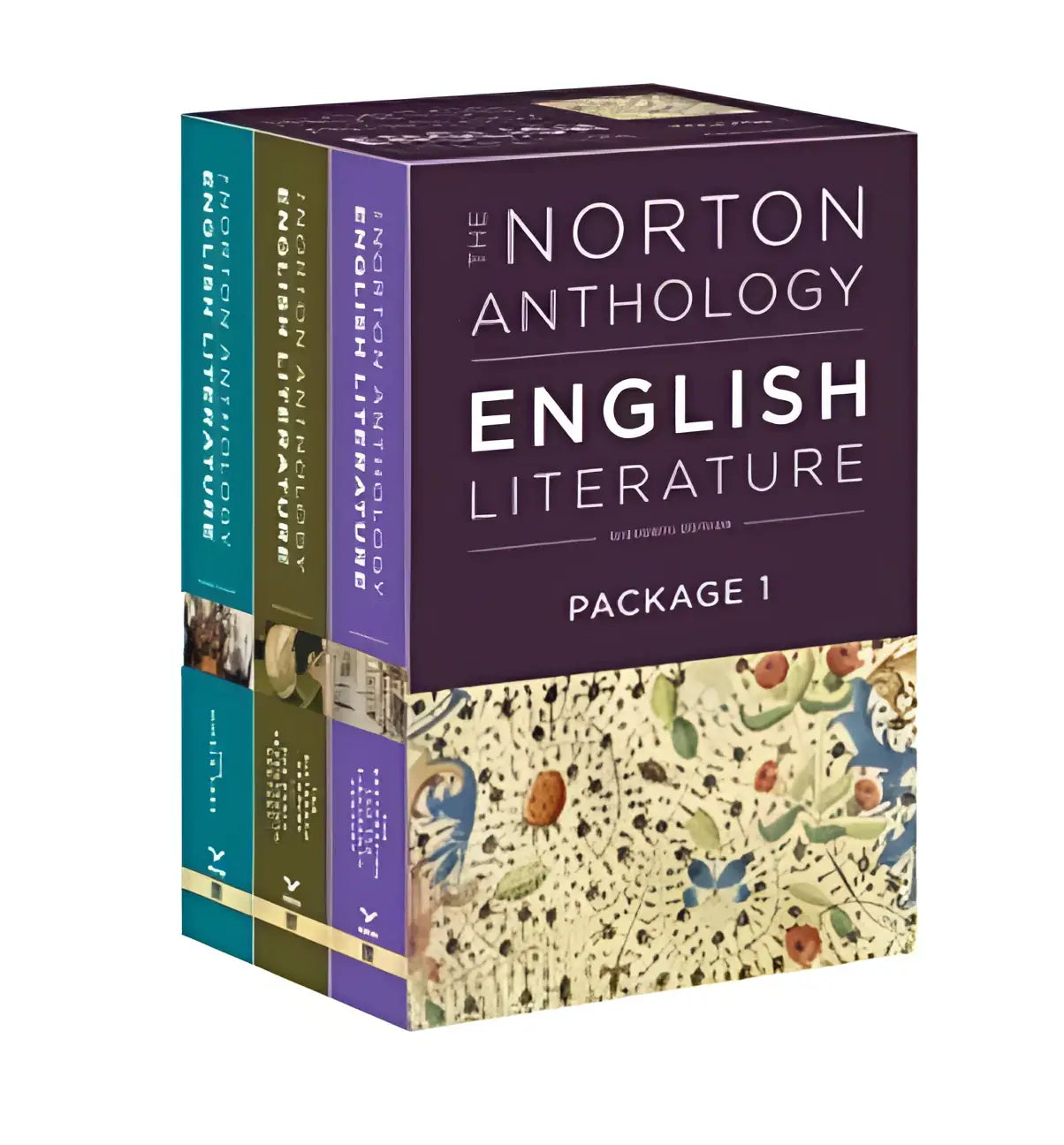 The Norton anthology of english literature package 1 is a set of three hardcover books with teal olive green and purple spines and floral covers