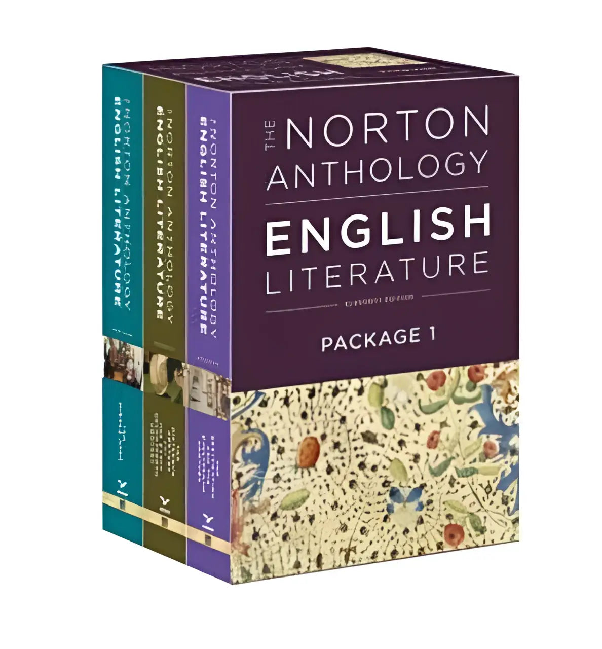 The norton anthology of english literature multi-volume set with distinct colored spines and ornate cover from the middle ages