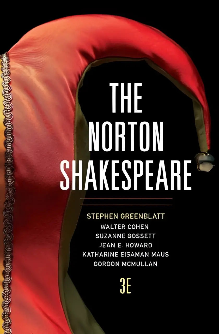 De cover van the norton shakespeare 3de editie toont een rich rode fluwelen narshoed met gouden rand en belletje