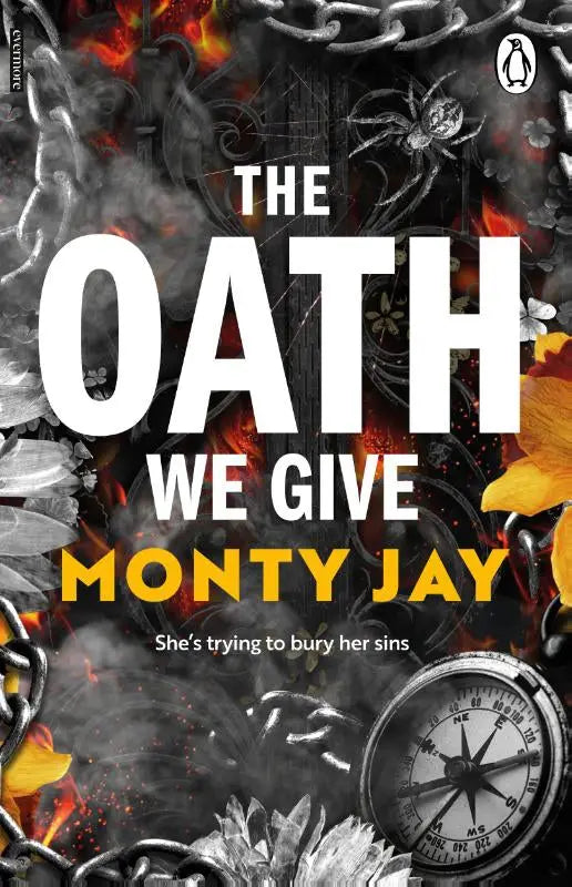 Paperbackboek the oath we give van monty jay met vurig oranje en zwart omslag, kettingen en spinnen voor intense romantische fictie en onverwachte geliefden, pre-order the oath beschikbaar