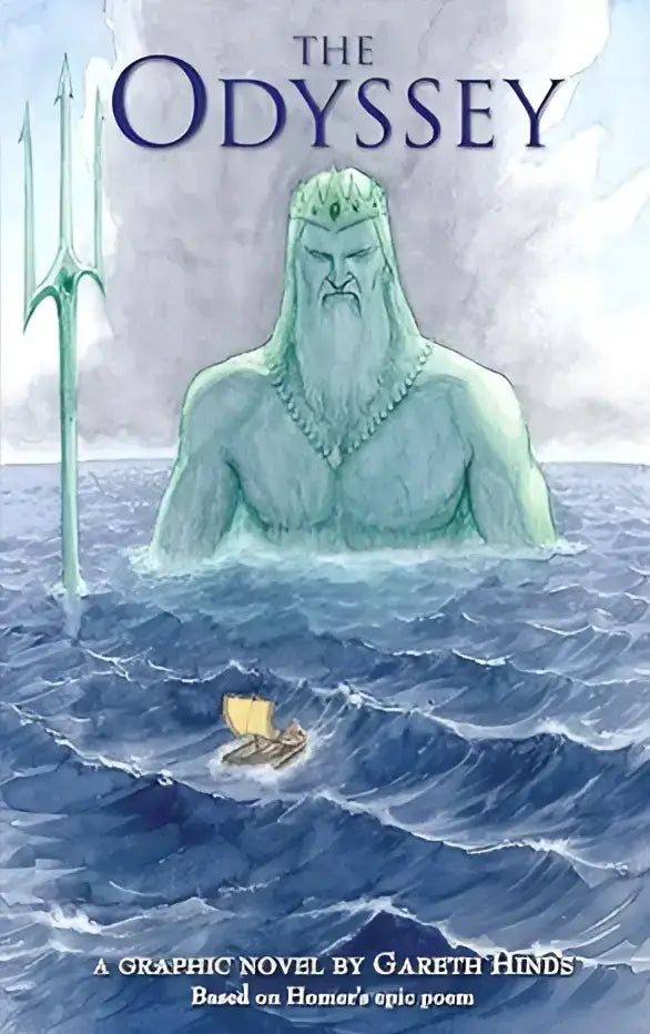 The odyssey graphic novel cover shows a teal sea god with white hair holding a trident above blue waves in a modern adaptation