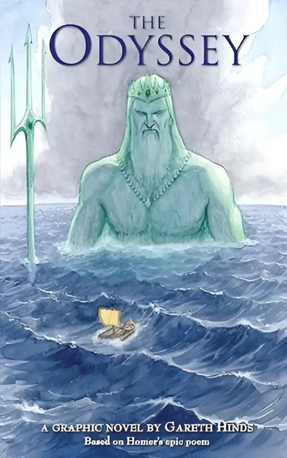 The odyssey graphic novel cover shows a teal sea god with white hair holding a trident above blue waves in a modern adaptation