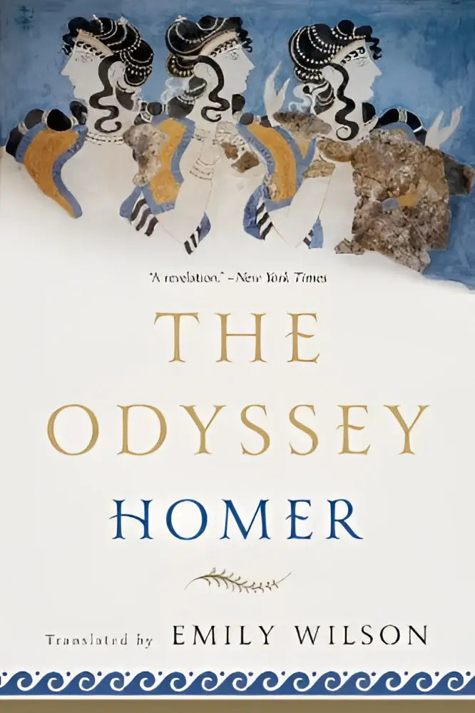The odyssey door homer vertaald door emily wilson met gestileerde zwart-wit illustraties op blauwe achtergrond veelbesproken vertaling