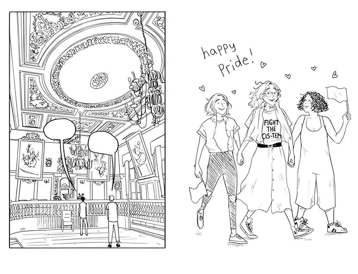 De officiële heartstopper colouring book illustratie toont drie vrouwen lopend met een vlag en een fight the cs-toy shirt