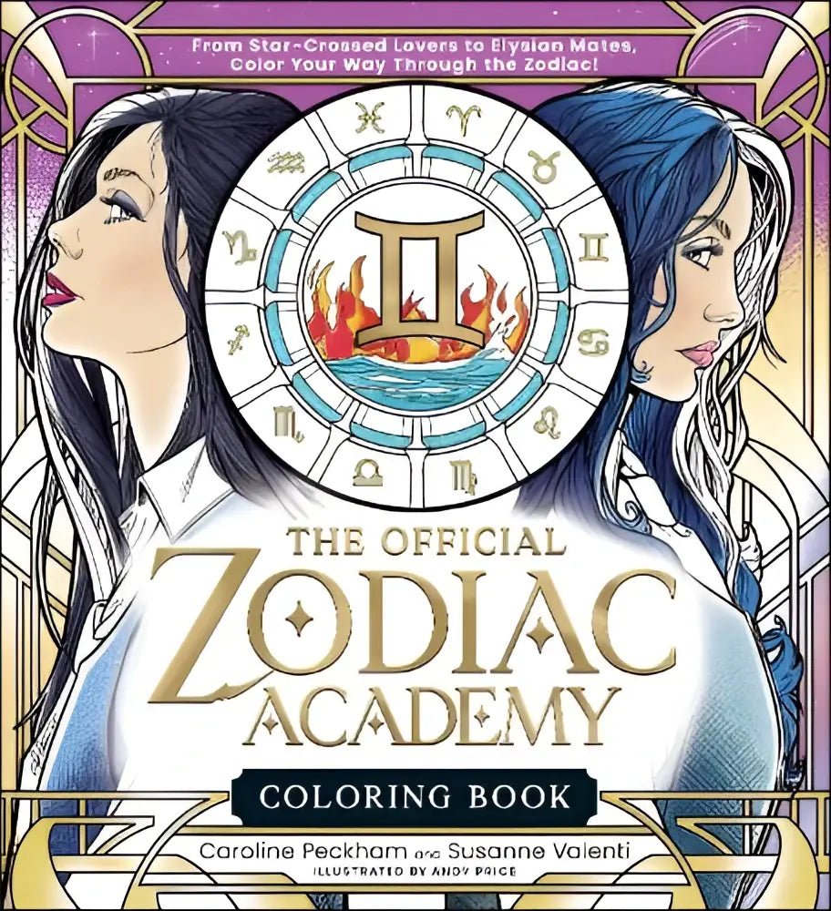 De official zodiac academy coloring book met een centrale zodiac wiel met het gemini symbool omringd door vuur en water, twee vrouwen en een paarse achtergrond