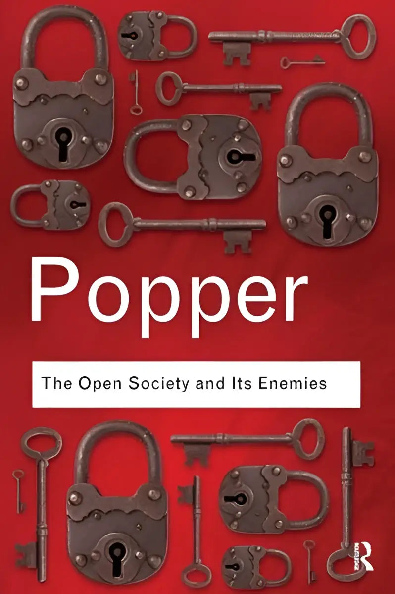 Rode boekomslag van the open society and its enemies van popper met metalen hangsloten en sleutels als illustraties