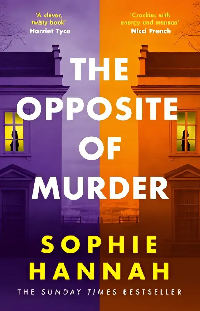 Boekcover van the opposite of murder een twisty new thriller met twee symmetrische paarse en oranje gebouwen