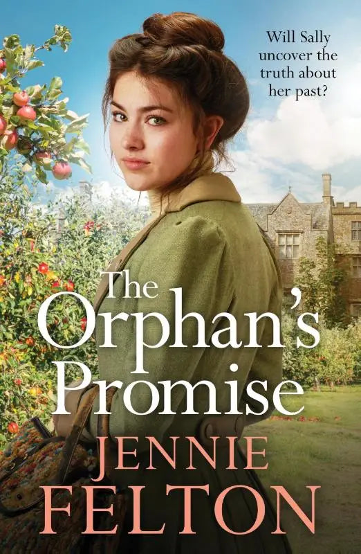 The orphan’s promise cover met een jonge vrouw in een olijfgroene jas voor appelbomen en een stenen landhuis