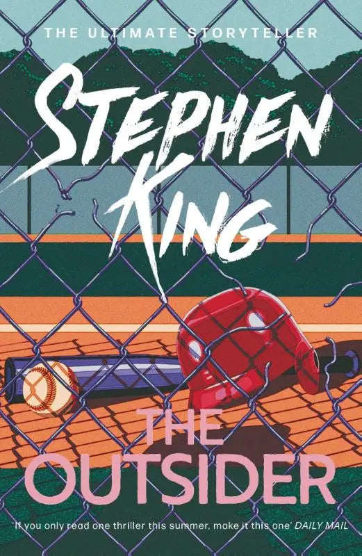 The outsider book cover with bold white and pink lettering over a baseball field featuring a red helmet and bat crime thriller