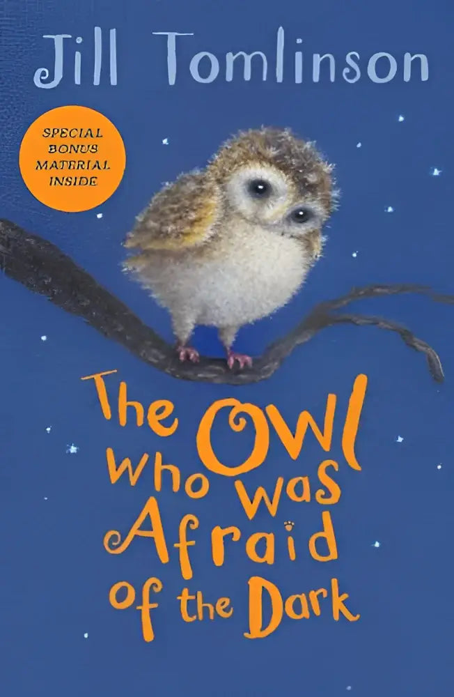 Een charmant geïllustreerde boekcover van the owl who was afraid of the dark met een bruine en witte uil en een sterrenhemel