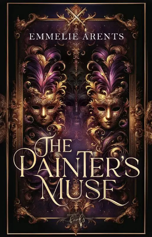 De painter’s muse boekomslag met gouden en paarse venetiaanse maskers en gevederde hoofdtooi in een donkere lijst