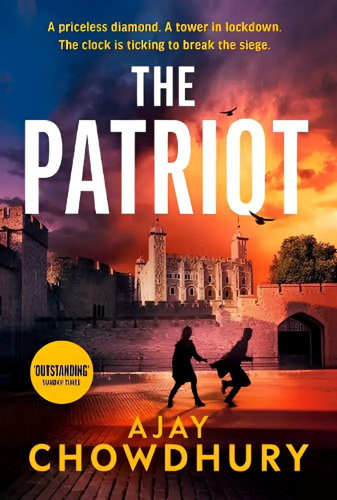 The patriot book cover by ajay chowdhury shows a dramatic sunset over london tower with detective kamil rahman running