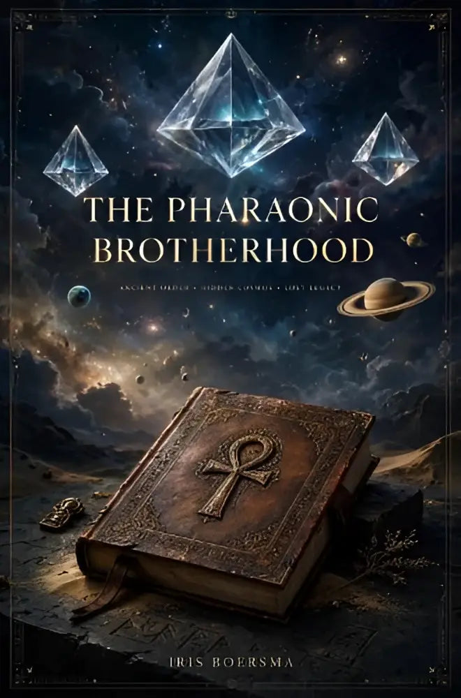 Een sciene fiction novel met een sierlijk oud leren omslag en een goudgegoten ankh symbool the pharaonic brotherhood
