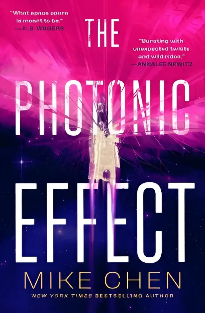 De photonic effect boekomslag door mike chen toont witte letters op een roze paarse kosmische achtergrond met een gloeiend figuur