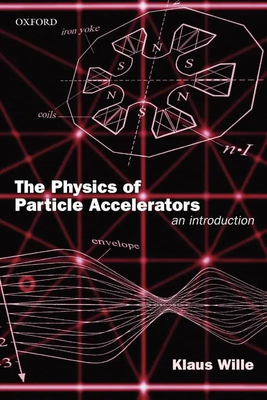 Zwart boek met rode rasterlijnen en witte diagrammen over de physics of particle accelerators key ideas van klaus wille