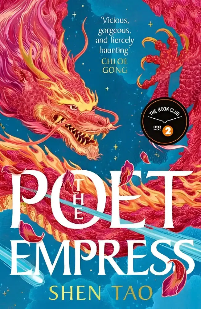 The poet empress fantasy book cover featuring a red dragon with fiery scales against a deep blue starry sky