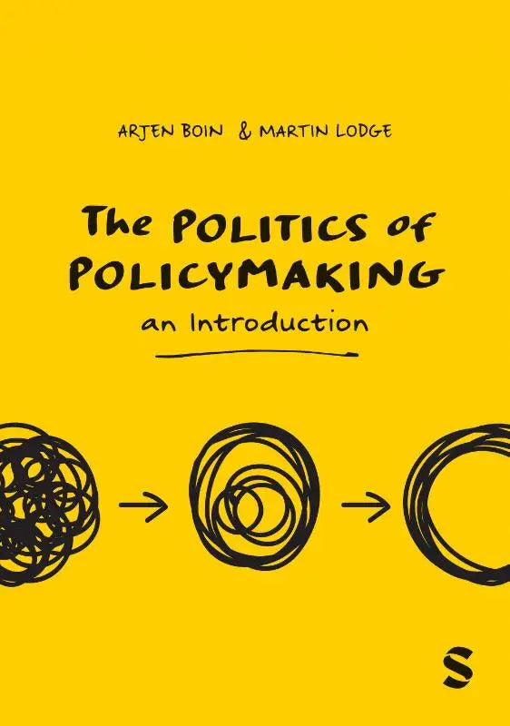 Helder geel omslag van het boek the politics of policymaking met zwarte handgeschreven tekst en abstracte krabbels