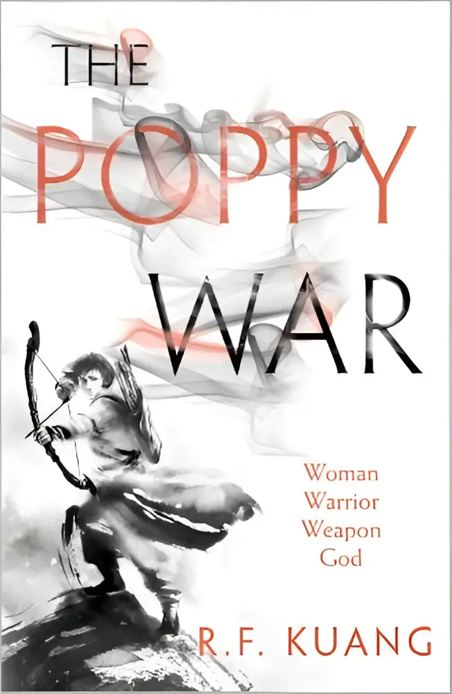 De poppy war boekomslag toont een zwart-wit inktillustratie van een vrouwelijk krijger met oranje en grijze titel