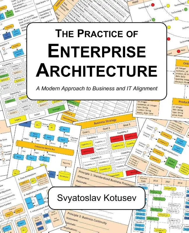 The practice of enterprise architecture book cover with bold black text and colorful diagrams illustrating an approach to business and it alignment