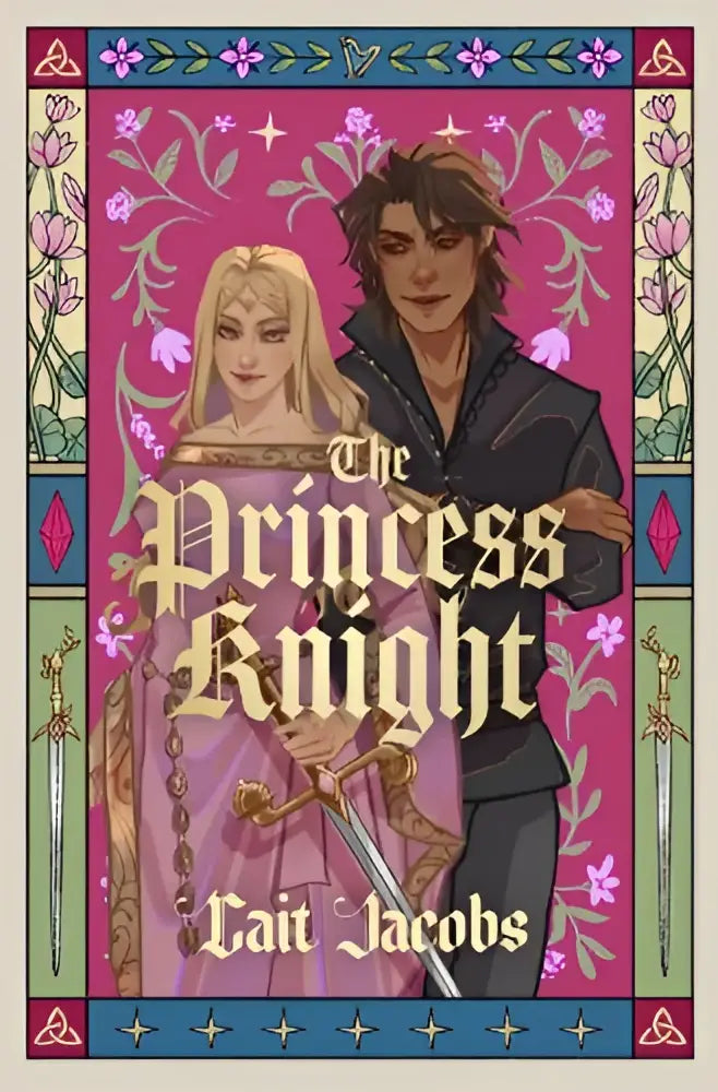 The princess knight boekomslag toont een gestileerde illustratie van twee personages op een roze achtergrond met bloem- en edelsteenmotieven