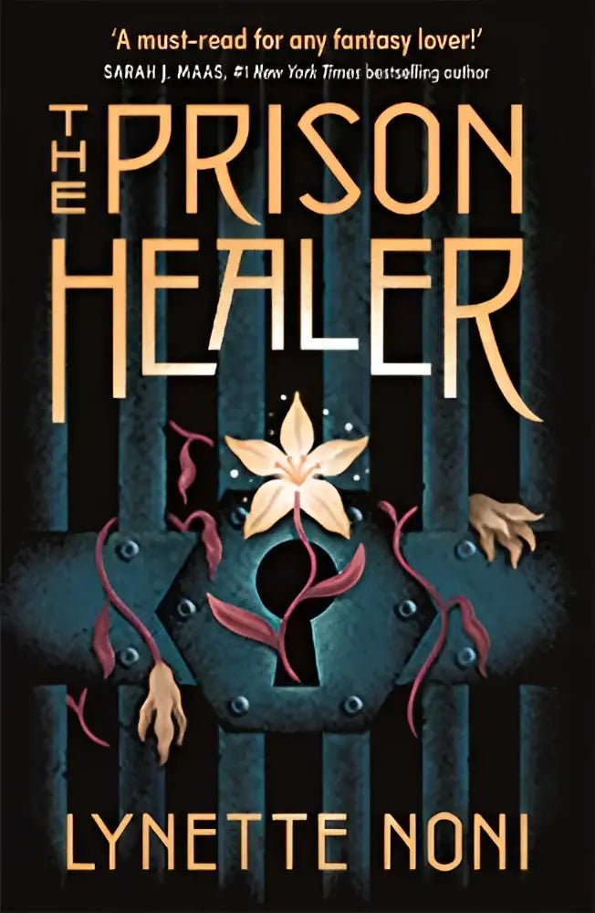 The prison healer boekomslag toont een donkergroene metalen gevangenisdeur met gouden en roze bloemranken, ontdek de epische fantasie